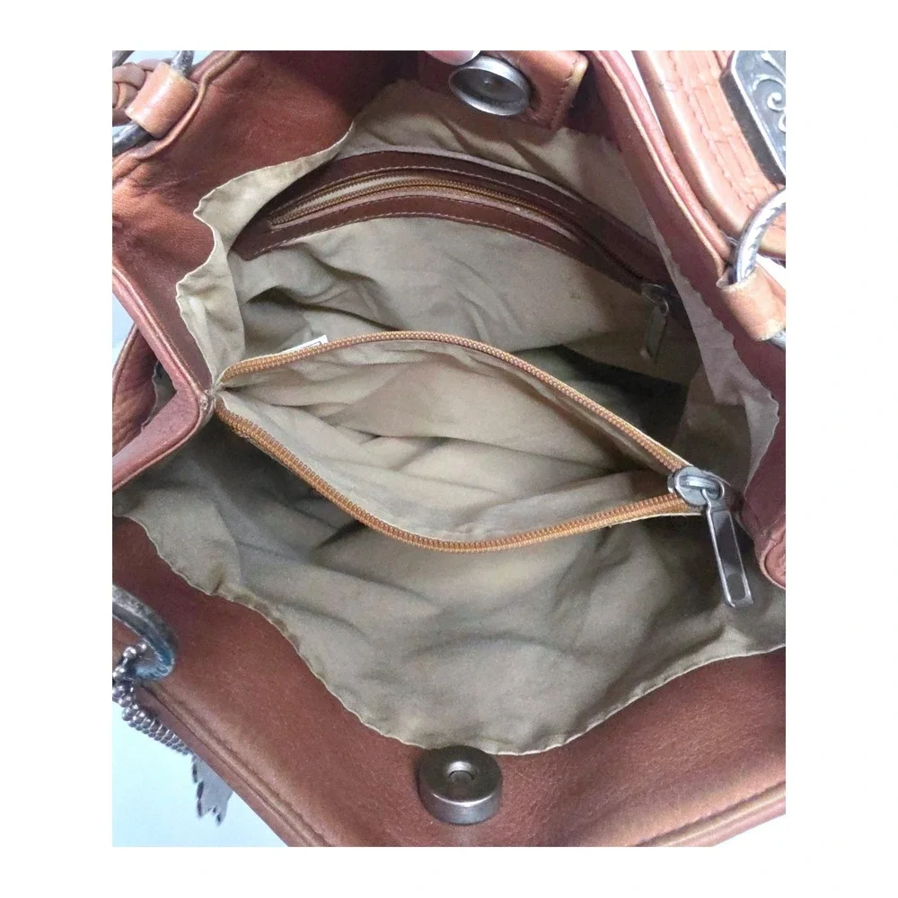 VTG 90s American Angel Tan Leather Braided‎ Strap Shoulder Bag Silver Medallion